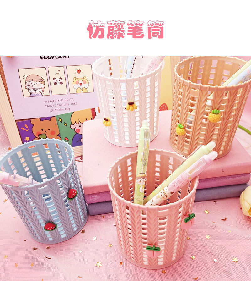 Korean InS-style creative rattan imitation cute storage pen holder wholesale fruit round pen barrel student office stationery pic 1