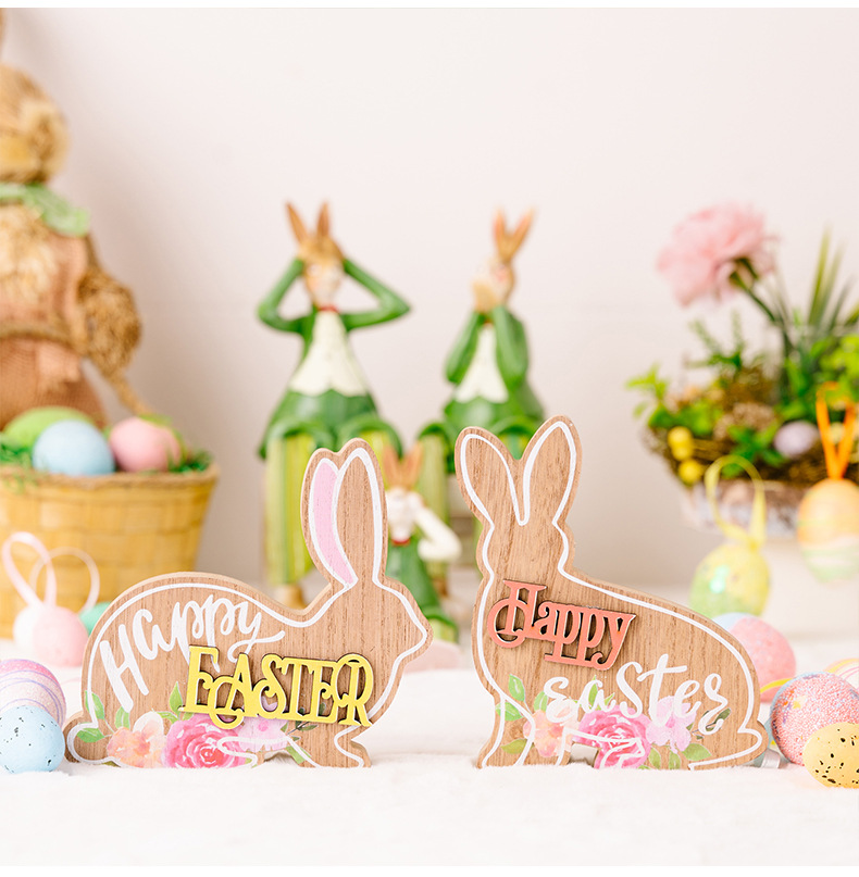Cross-border new Easter decorations, wooden Easter rabbit figurines, cartoon 3D rabbit gifts pic 9