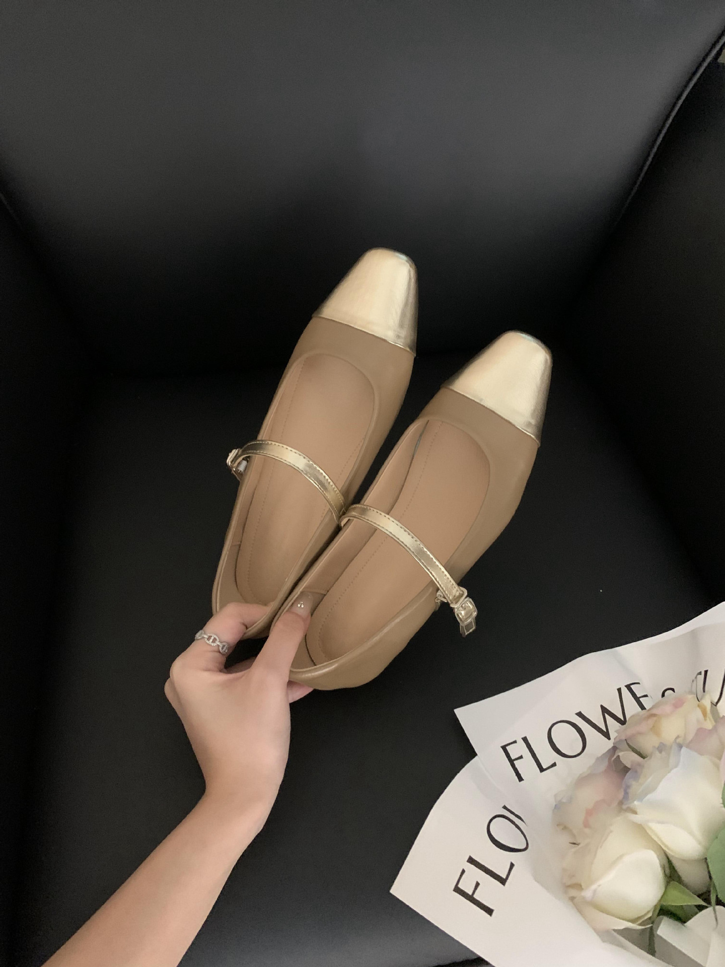 2023新款时尚方头全包百搭高跟鞋女法式拼色小香风平底玛丽珍鞋女详情13