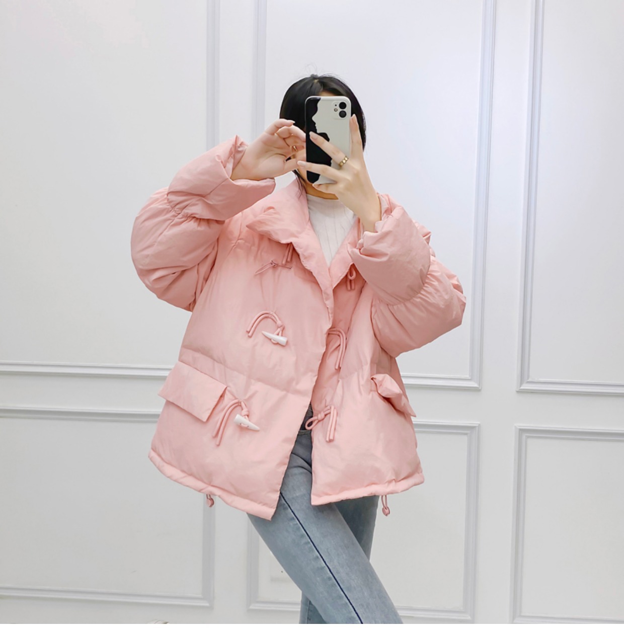 韩系仙女牛角扣羽绒服女洋气短款新款韩版宽松白鸭绒面包服外套潮详情10