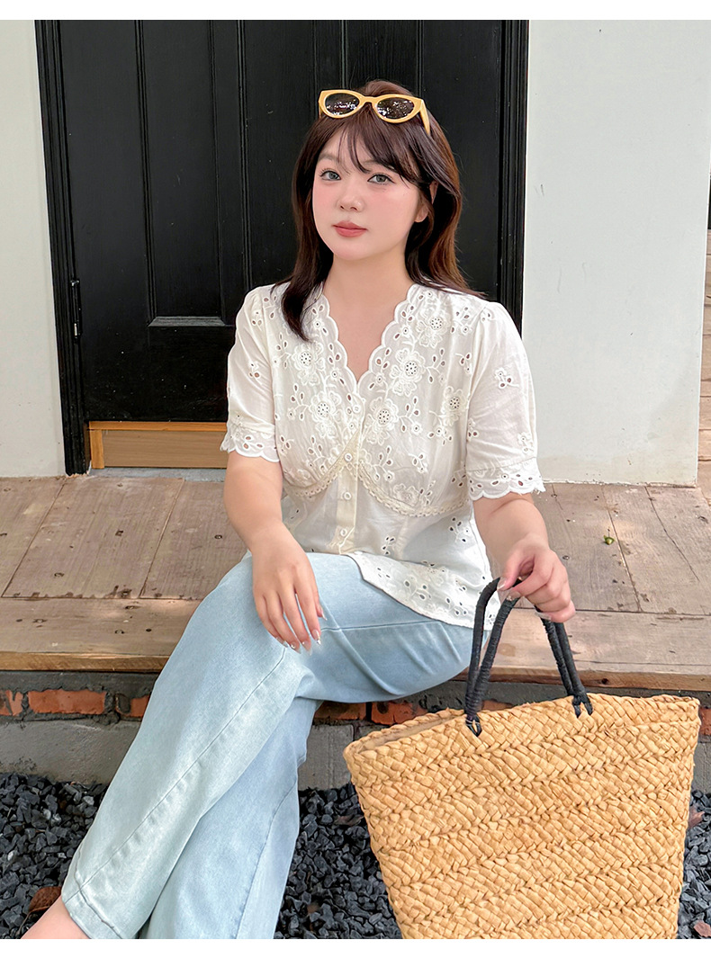 Korean lace-embroidered hollowed-out short-sleeved blouse for women in the summer of 2025, a new French waist-cinching top for chubby girls, 222447 pic 26