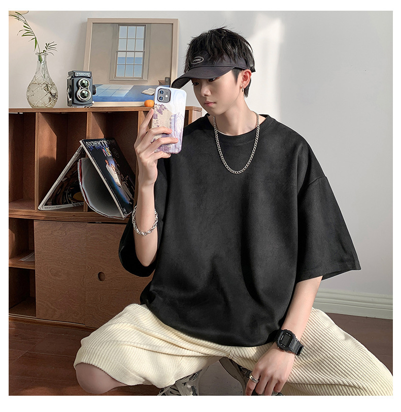麂皮纯色短袖T恤男2023夏季质感半袖宽松t恤圆领半袖衣服青少年详情13