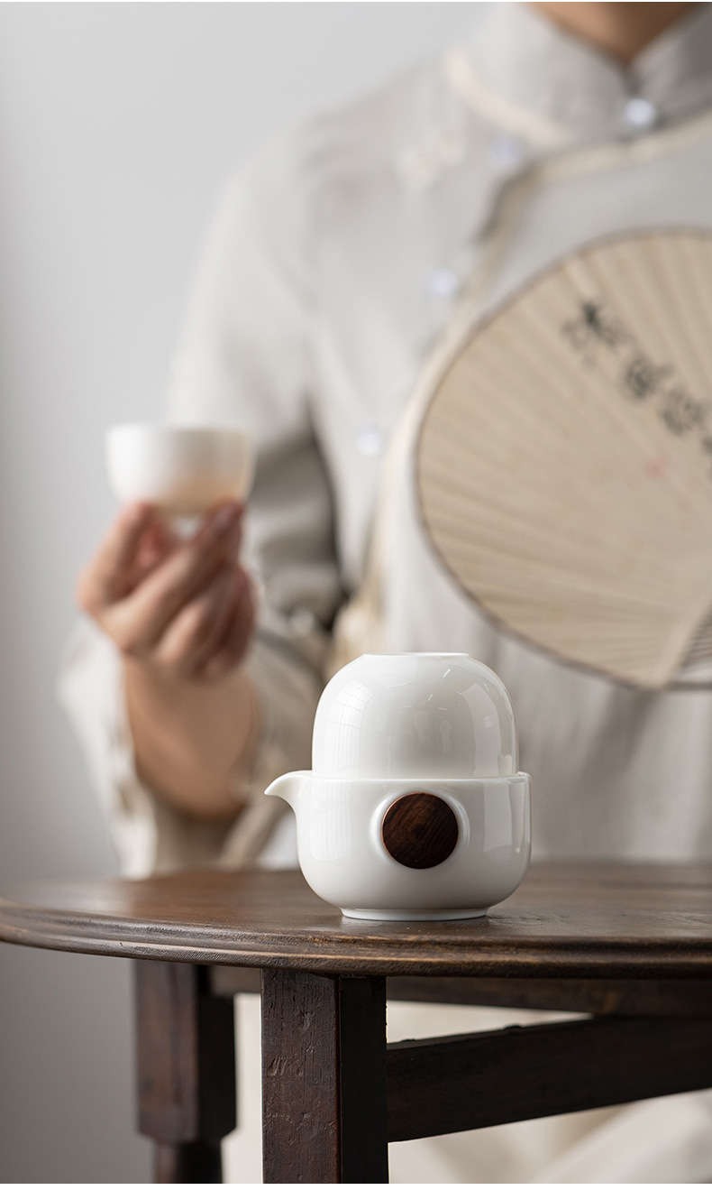 羊脂玉白瓷竹圈防烫快客杯 旅行茶具套装户外陶瓷木盖一壶二杯元宝旅行茶具详情2