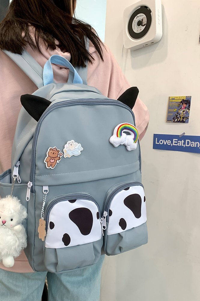 Japanese-style ins campus school style, fresh and cute, cute cow with earbuds, soft girl schoolbag, funny student backpack pic 73