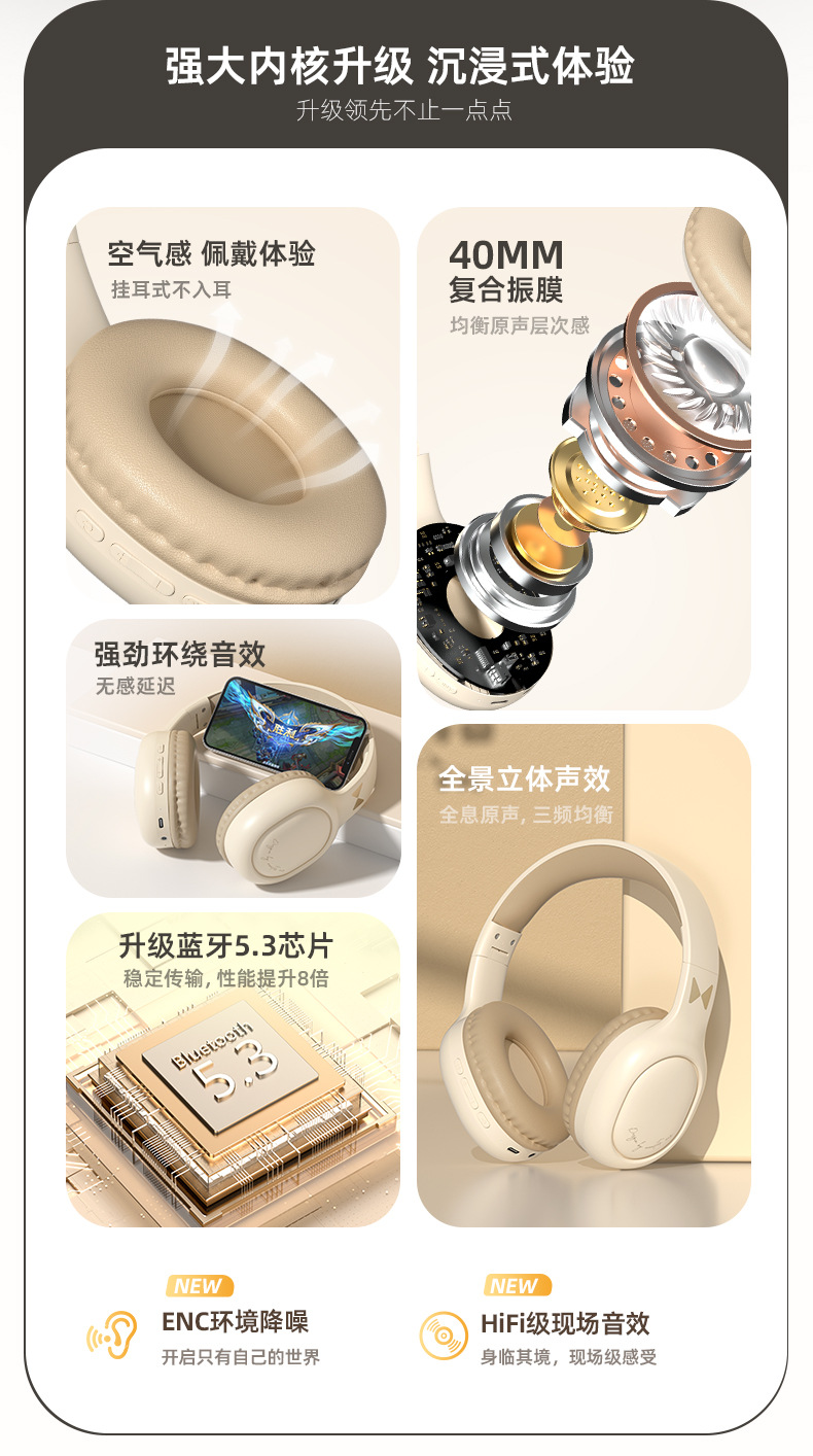 新品降噪头戴式蓝牙耳机无线重低音音乐长续航云动耳麦新款跨境详情2