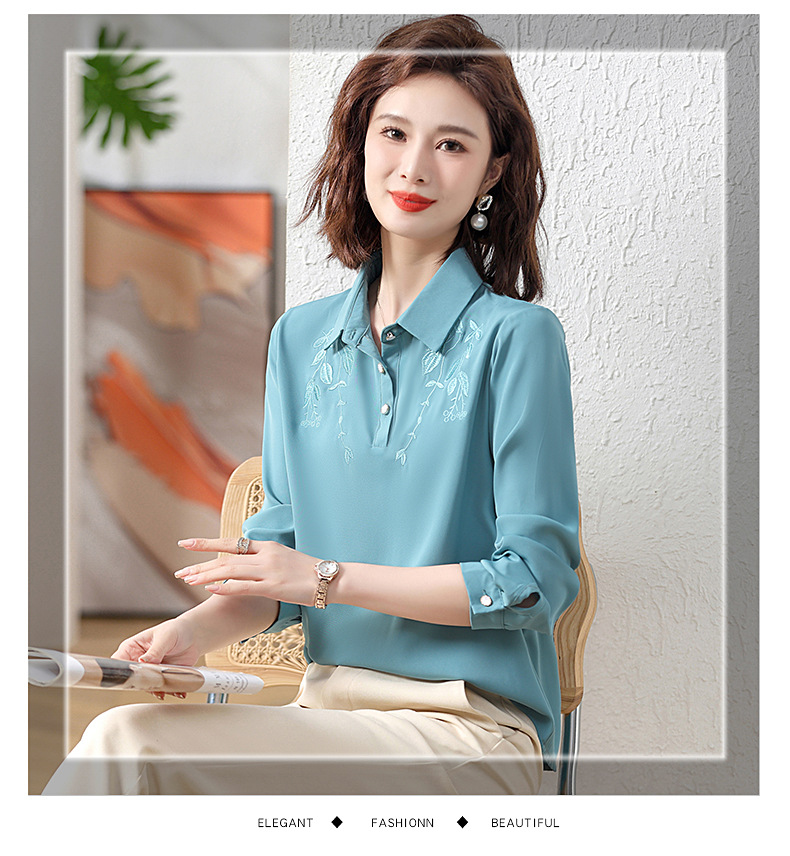 中年女士打底小衫秋季款t恤长袖翻领刺绣纯色气质大码妈妈装衬衫详情10