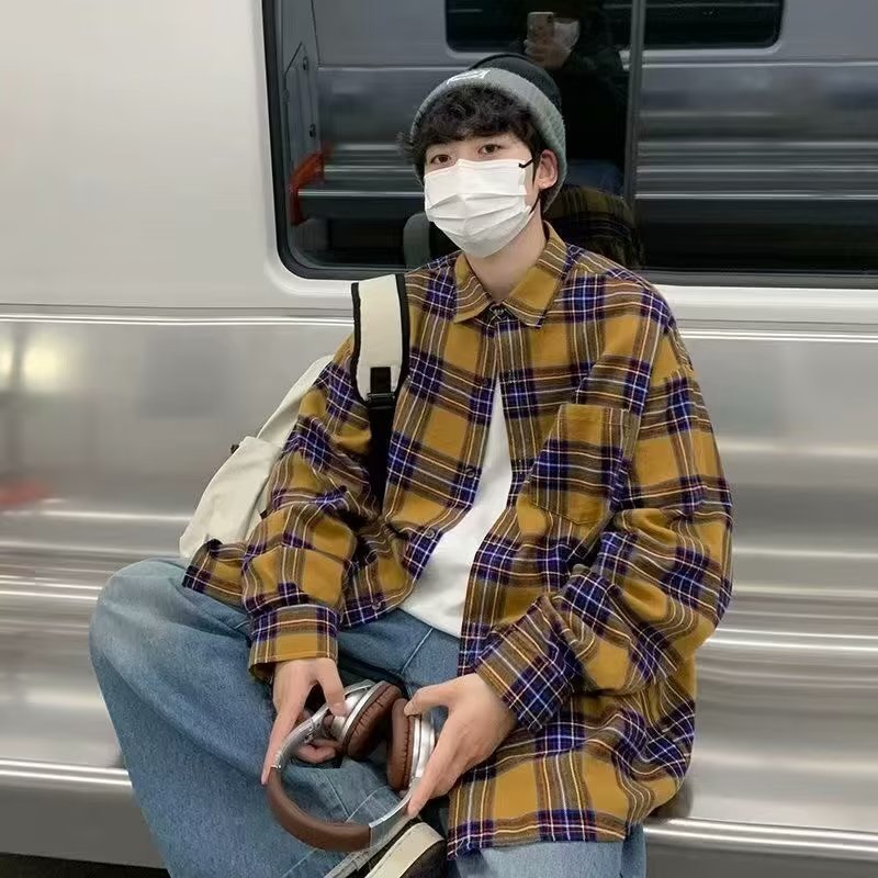 美式春秋季日系长袖格子衬衫男士韩版潮流ins网红休闲款衬衣外套详情20