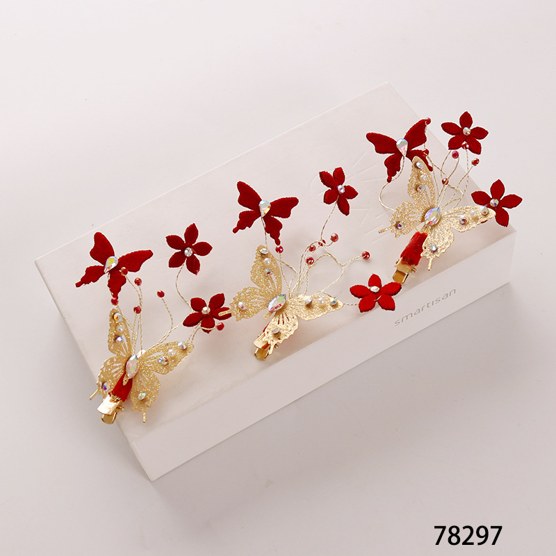 New large red hair clips from Japan and South Korea, Chinese-style bride headwear, wedding toasting attire, with diamond-encrusted butterfly-shaped clip accessories at the side pic 13