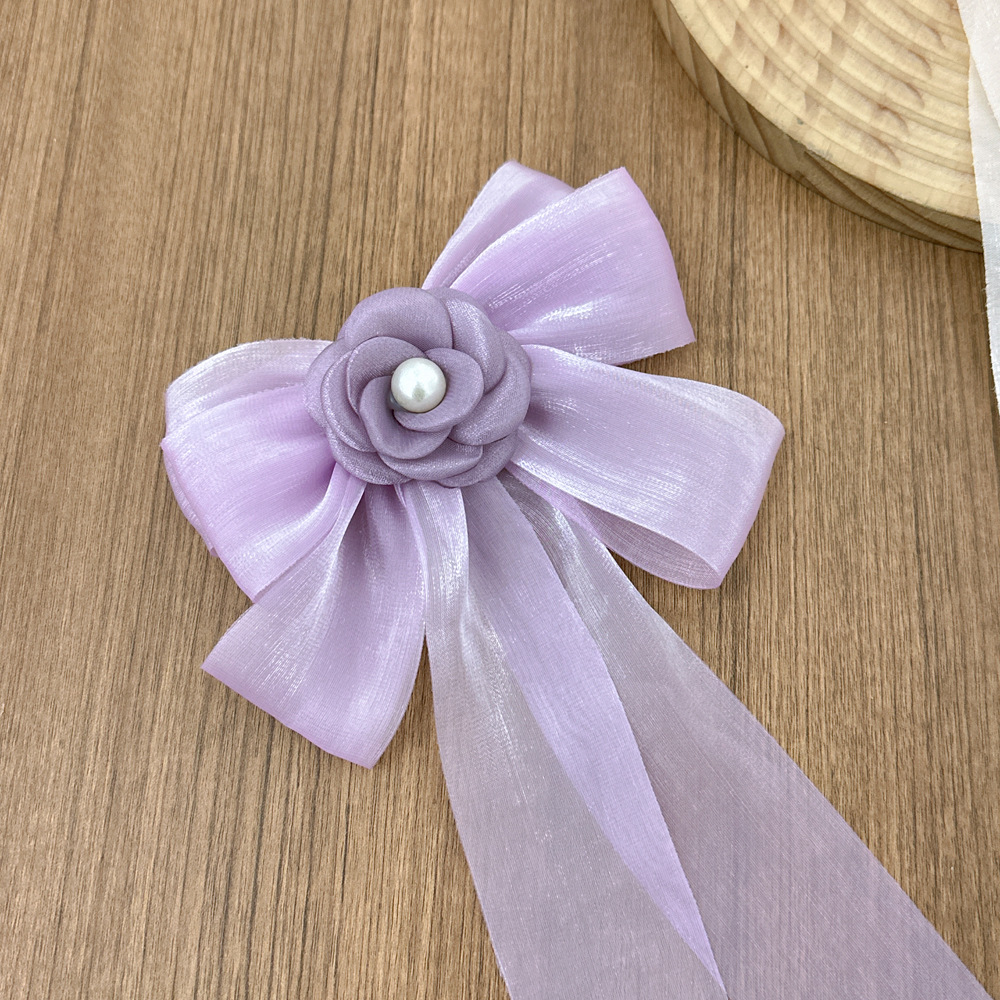 法式雪纺珍珠山茶花蝴蝶结发夹 珠光缎面甜美仙气弹簧夹不伤发头饰 手腕花装饰精致女士礼物详情3