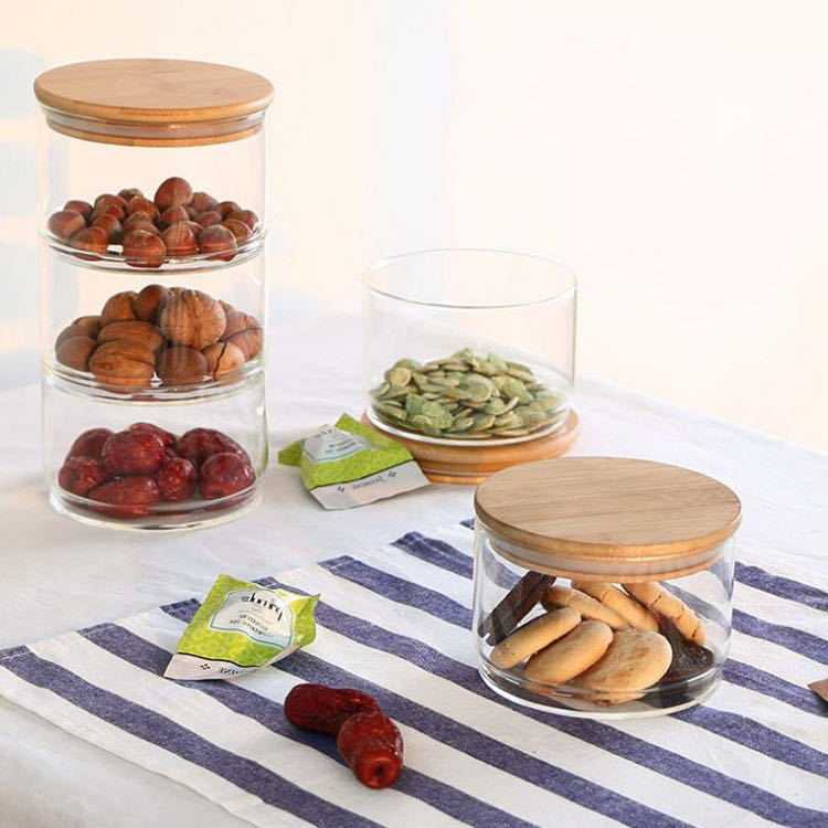 Glass storage tank, combination bamboo lid sealed tank, kitchen food storage, multi-layer storage tank, salad bowl pic 1