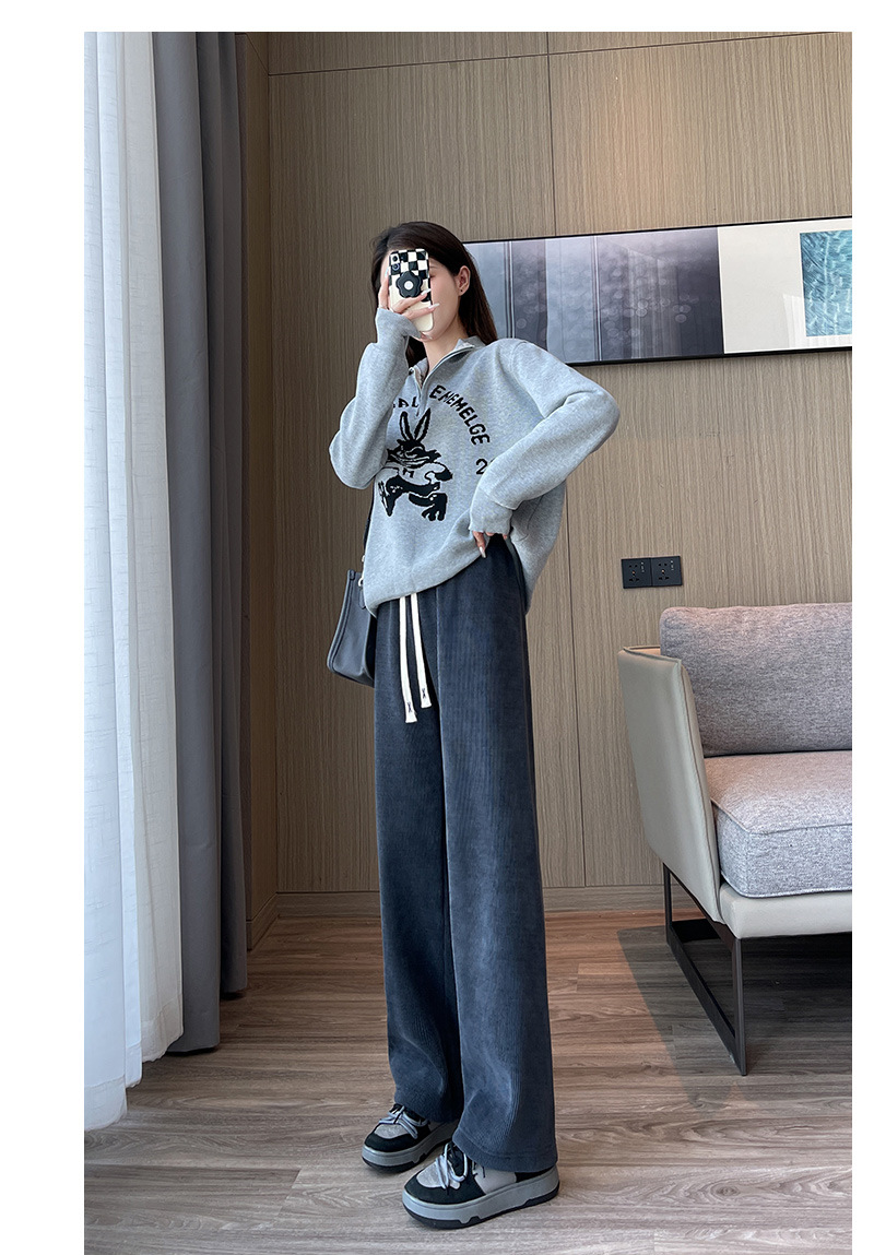 秋冬新款欧棉绒阔腿裤女高腰显瘦宽松抽绳百搭直筒垂感口袋休闲裤详情29