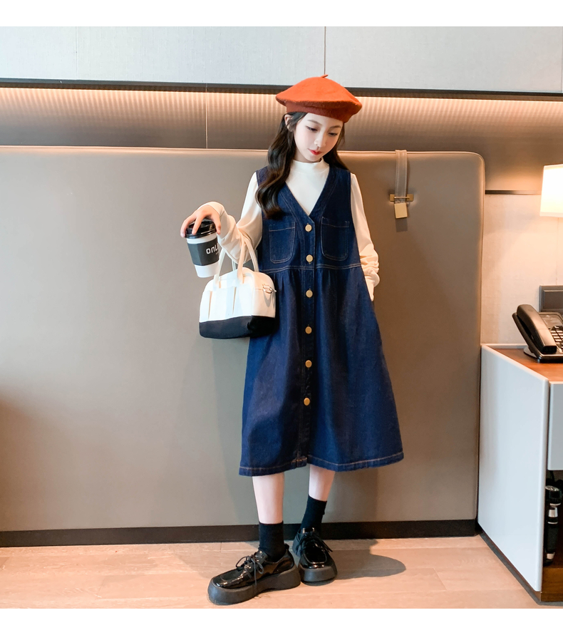女童连衣裙春秋2022新款儿童春季洋气裙子大童秋装牛仔背带裙套装详情27