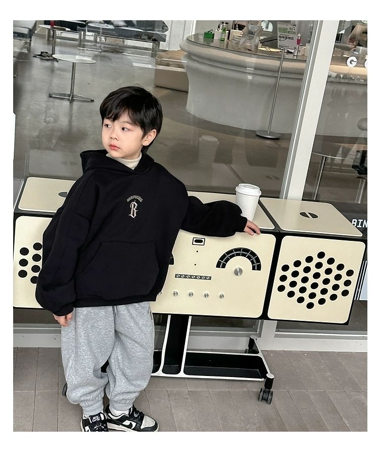 儿童字母刺绣加绒加厚新年红色连帽套头卫衣冬韩版男女童宽松上衣详情14