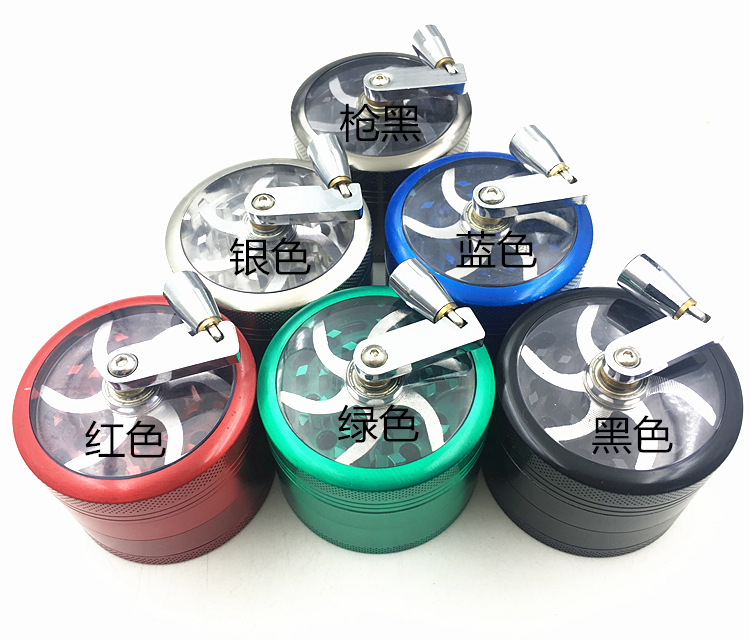 跨境专供锌合金磨烟器四层塑料手摇铝制金属碎烟器磨烟盒打火机详情1