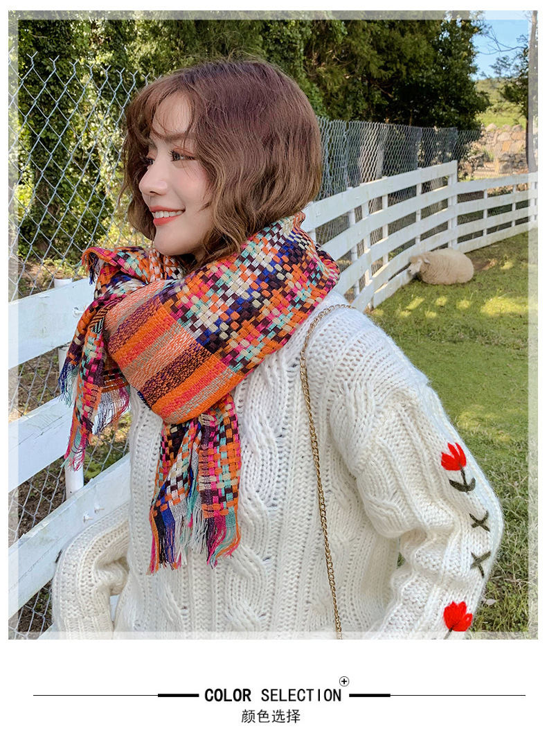 秋冬新款韩版围巾女草编彩条时尚披肩加长加厚保暖田园风围巾详情1