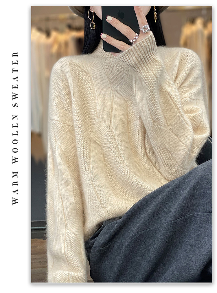 2024 New style 100 wool sweater for women, semi-high neck, thickened with twist, solid color, simple sweater, loose and slimming knitted sweater pic 18