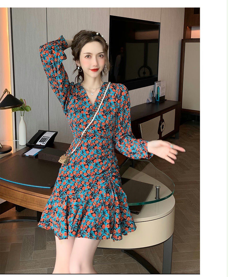 法式碎花V领长袖连衣裙女秋装纯欲风修身性感包臀裙打底辣妹短裙详情13