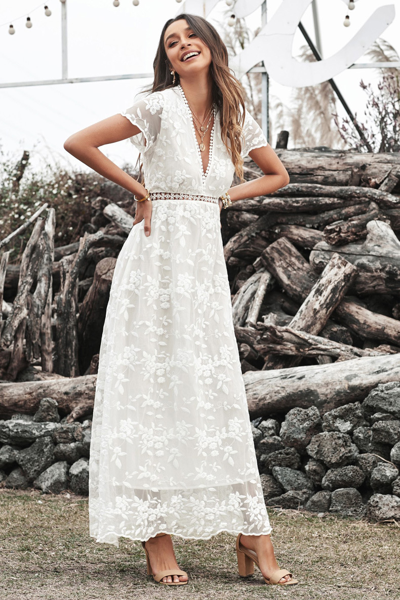 Summer lace crochet and cut-out long dress for women, European and American cross-border solid color style commuting solid color dress forwarding 611245 pic 37