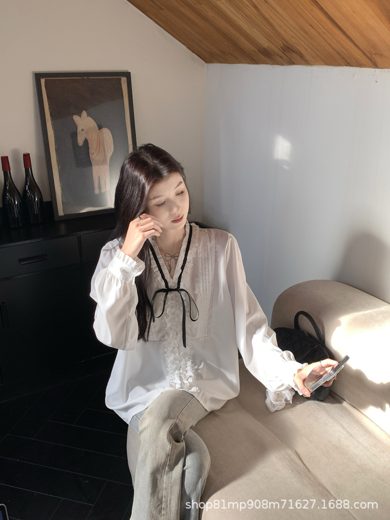 法式千金早春压褶小众气质名媛甜美系带蝴蝶结衬衫女长袖白衬衣女详情7