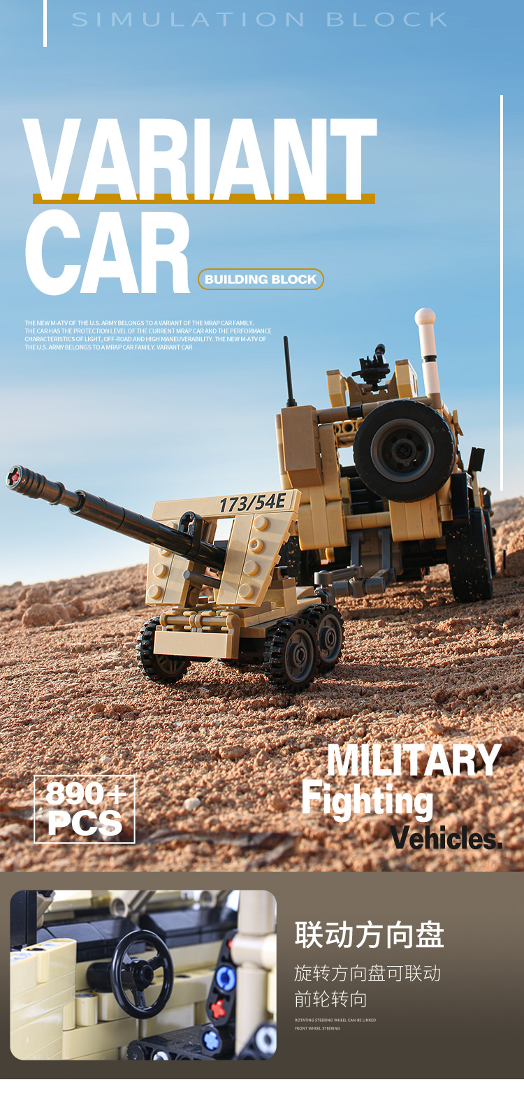 M-ATV anti-mine armored vehicle, Military 890 building block tank, realistic model, small particle assembly, boy toy worker pic 6