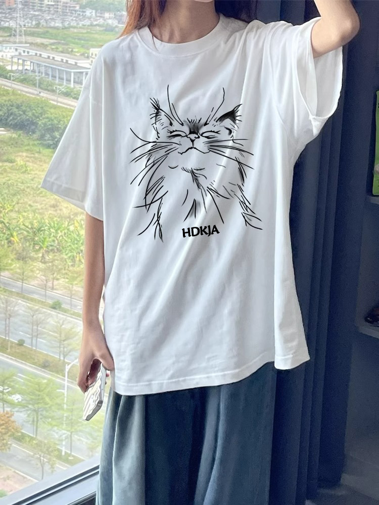 线条猫咪白色短袖女t恤夏2025新款宽松百搭潮流学院风半袖上衣详情7