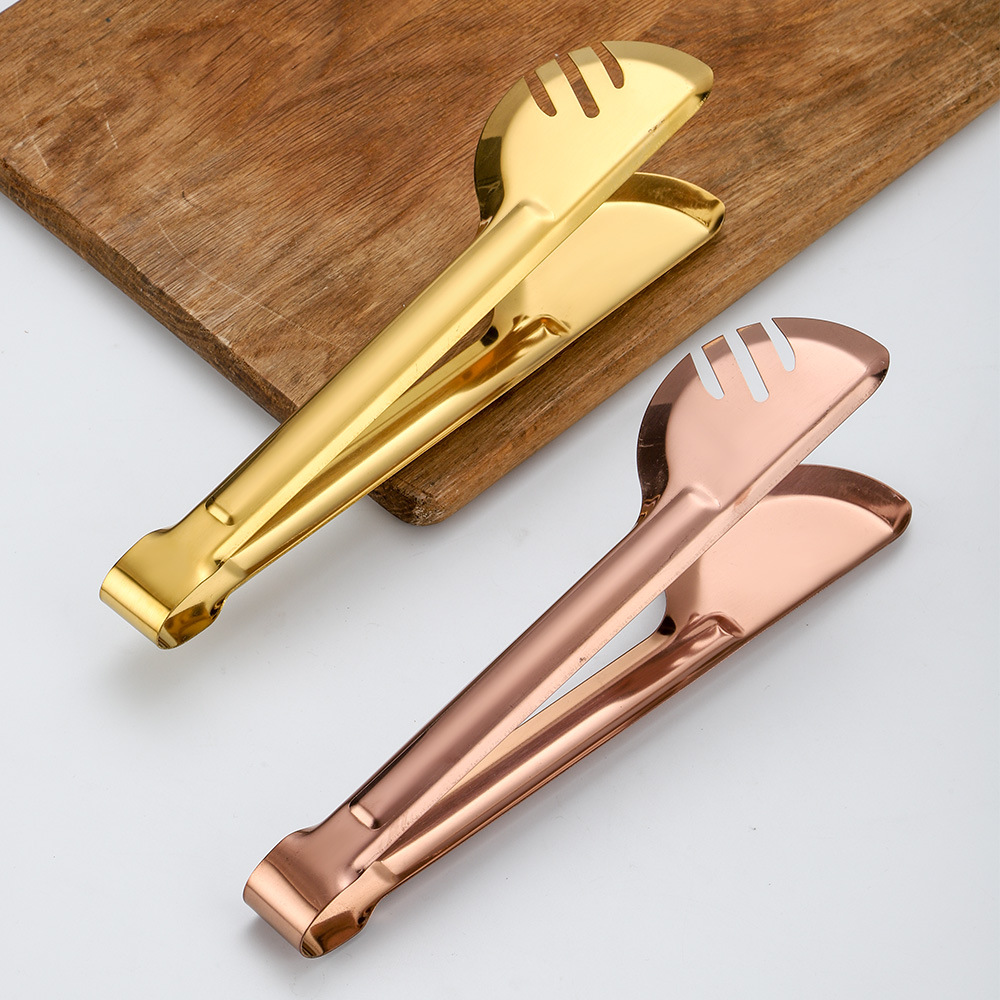 Amazon Public Services stainless steel food tongs, mirror-polished gold-plated black steak tongs, semi-round bread tongs pic 5