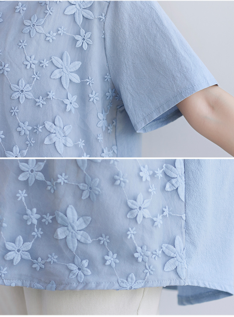 2022夏季新款速卖通欧美女装蕾丝刺绣短袖衬衫宽松女士上衣T恤详情37