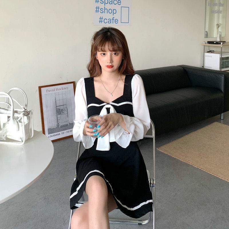 秋装新款性感方领泡泡袖连衣裙女大码胖mm条纹蝴蝶结显瘦长袖裙子详情10