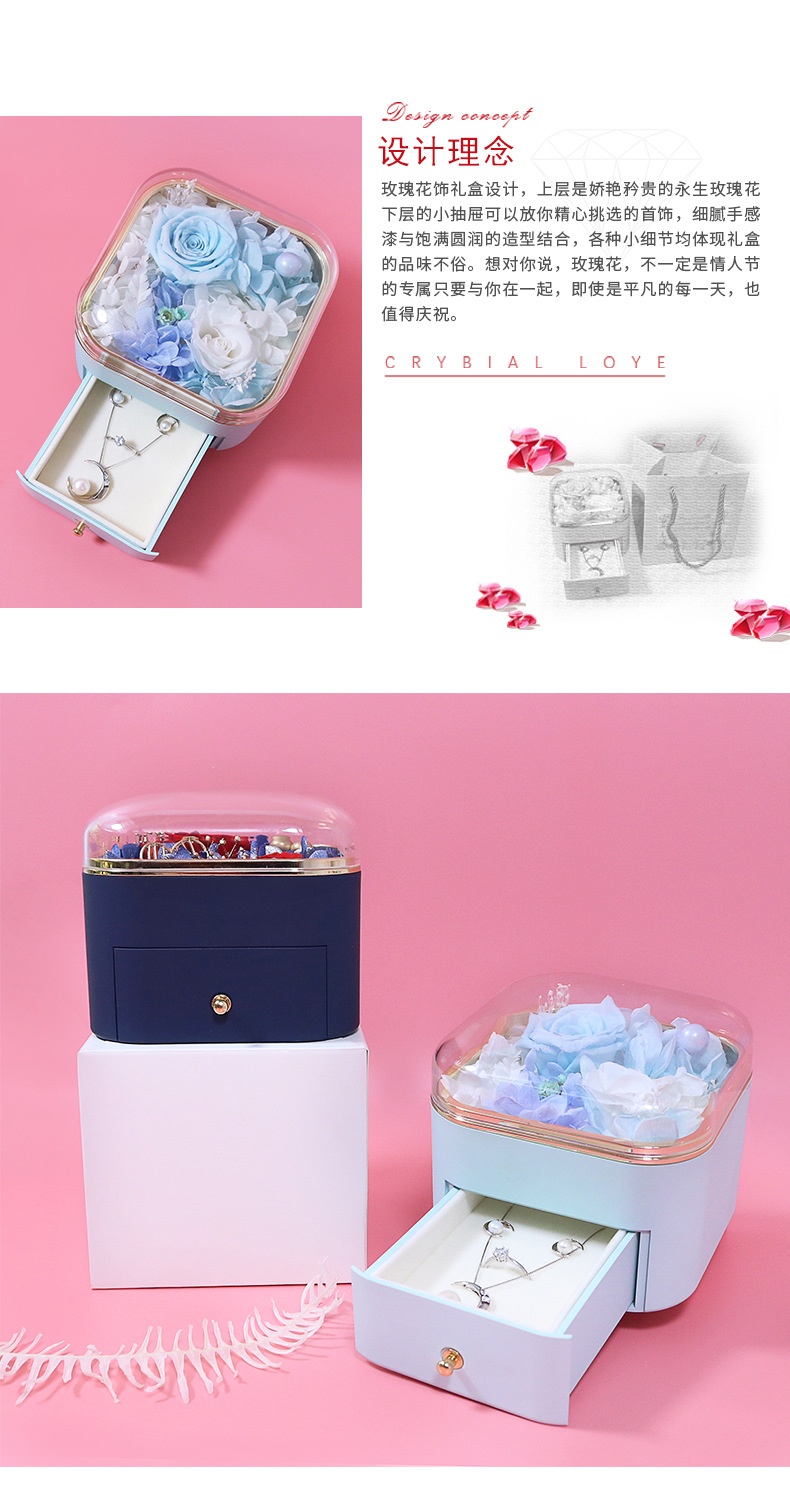 New round corner paint preserved flower gift box, rose real flower necklace, jewelry box, high-transparency acrylic rose pic 3