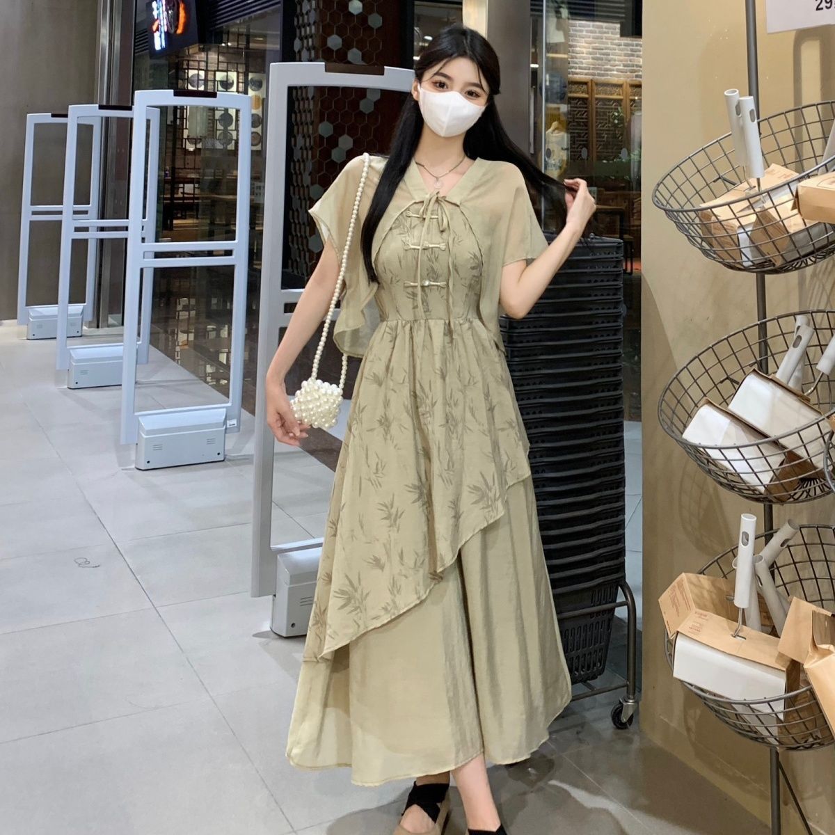 国潮竹叶国风汉服不规则吊带连衣裙女夏大码胖mm新中式收腰显瘦两件套详情1