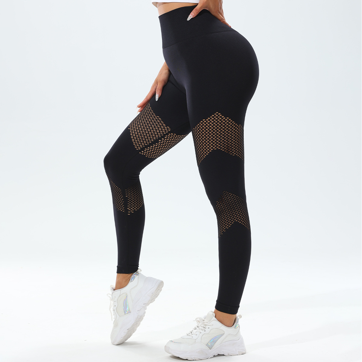 欧美跨境镂空瑜伽裤网孔透气无缝弹力高腰性感提臀运动健身裤女详情11