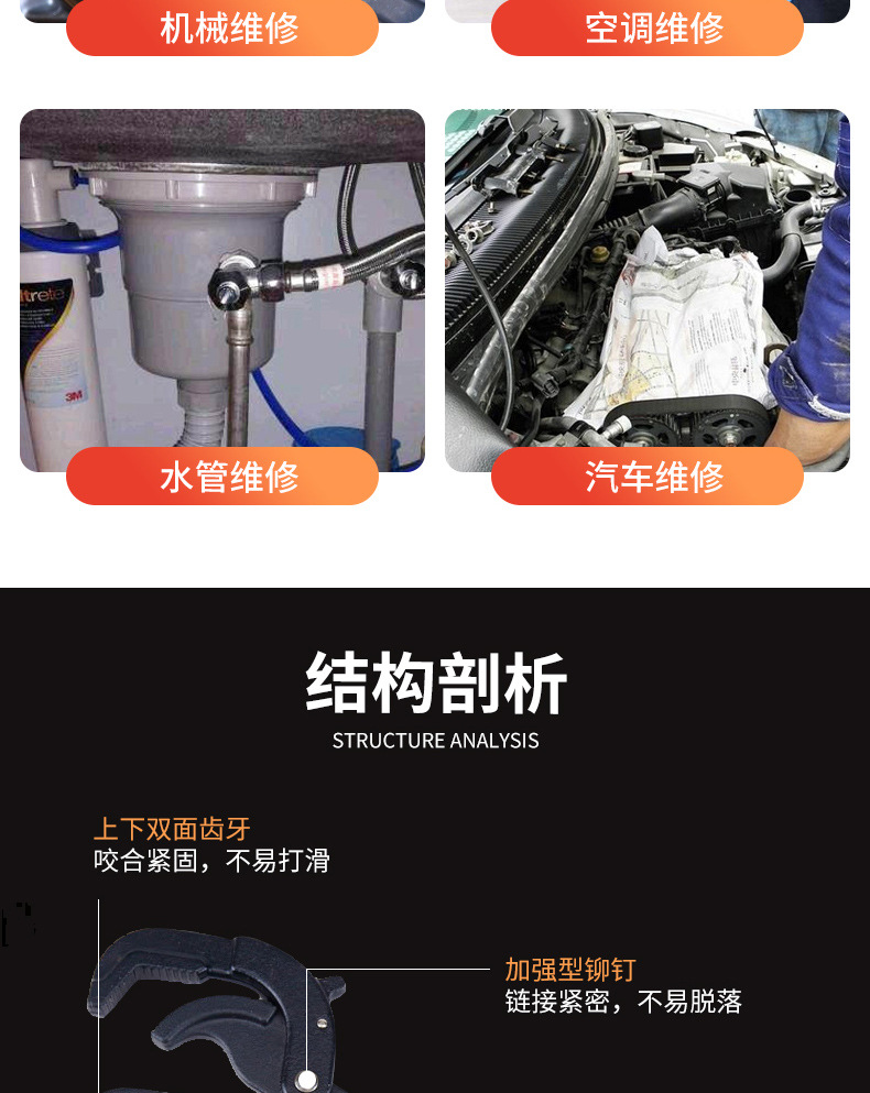 Universal wrench, adjustable universal set, multi-functional quick opening pipe wrench, self-tightening pipe wrench pic 4