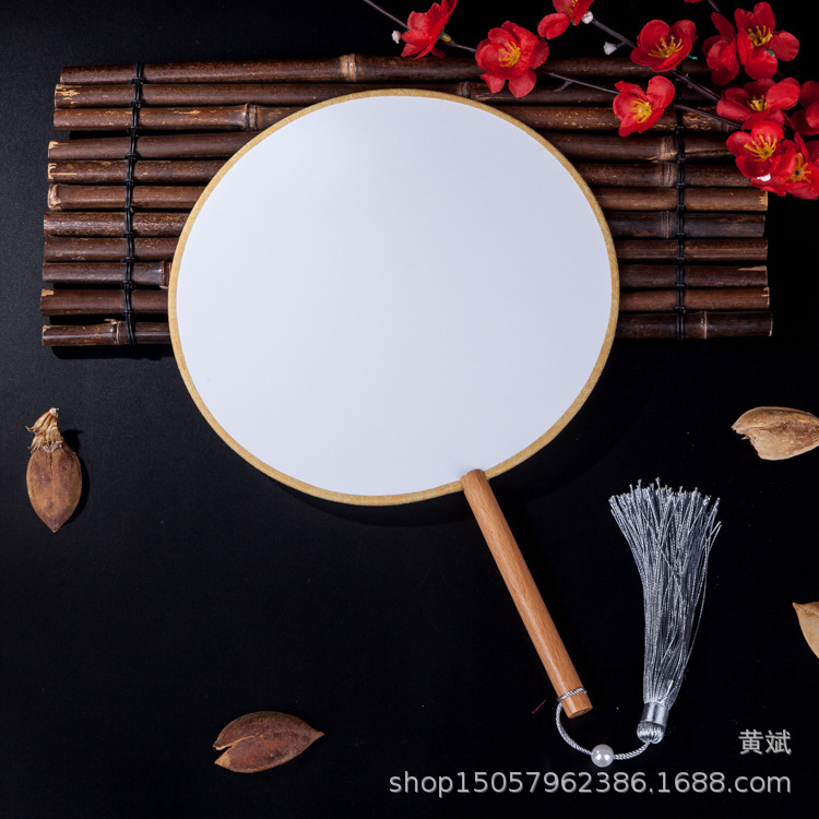 黑檀柄真丝空白宫扇团扇圆形书写绘画涂鸦DIY白色扇子可刺绣贴花详情15