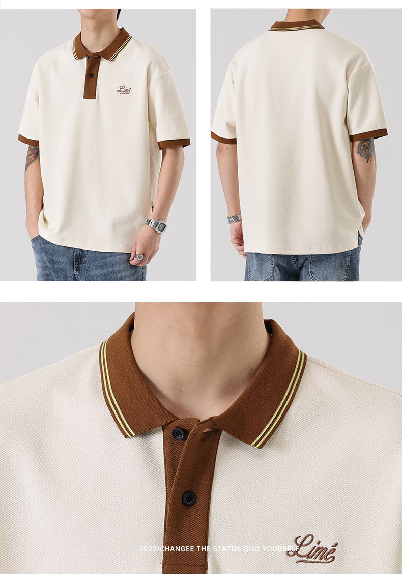 男装|夏季米色拼色翻领短袖男士珠地棉美式保罗半袖体恤打底详情7