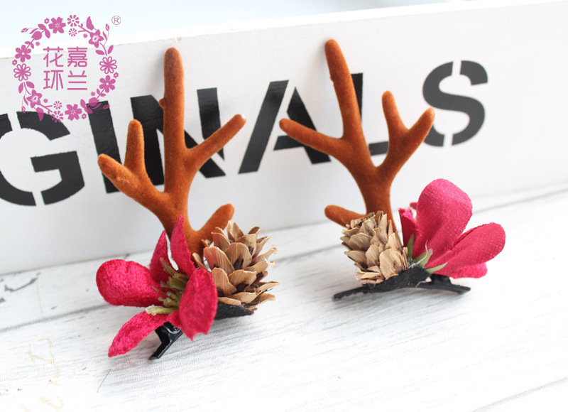 Jia LAN Hua Huan Factory directly supplies cute plush antler pinecone hair clips from Japan and South Korea, Christmas reindeer red small lily hair bands, forest-style fresh and delicate side clips pic 11
