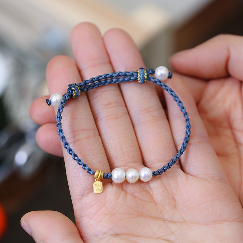 Natural pearl woven bracelet for women, 925 Silver Blessing brand pearl three-round bead hand-woven bracelet, commemorative small gift pic 4