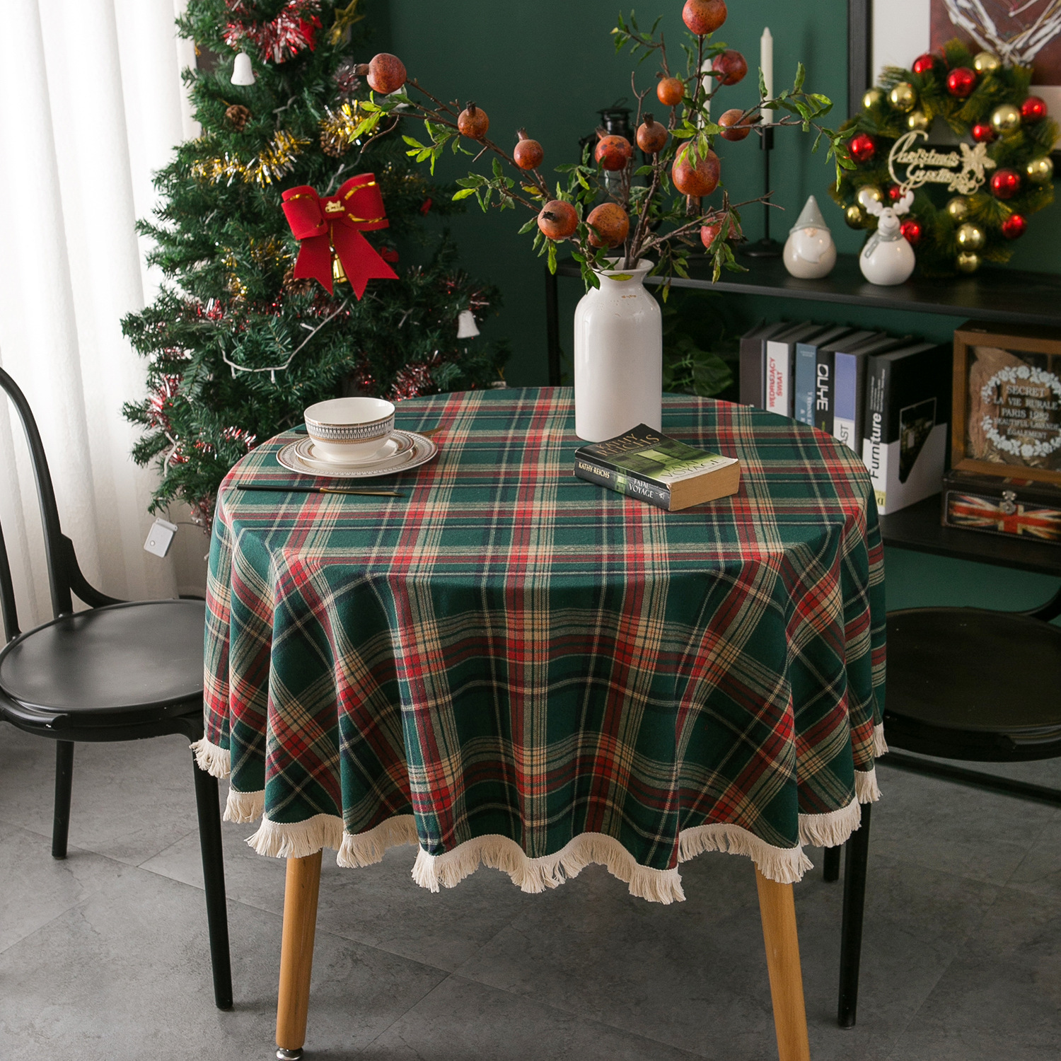 Cross-border Christmas holiday decoration table fabric, retro striped checkered cotton and linen restaurant party cover, Amazon pic 1