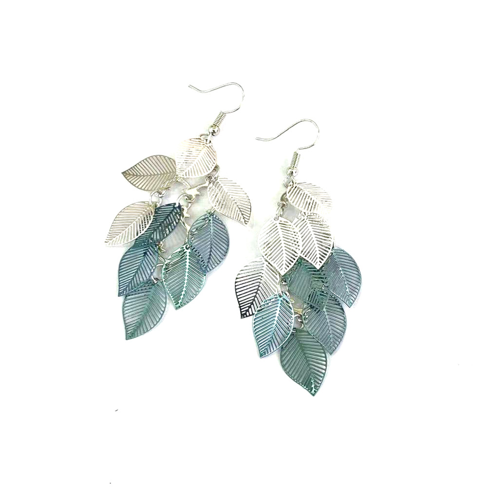 New European and American color-blocked leaf nine-piece earrings, fresh and colorful tassel leaf earrings, cross-border popular earrings pic 14