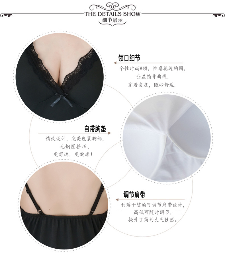 Invisible cushioned halter nightgown for women, sleeveless vest, V-neck lace mid-length skirt, home wear pic 3