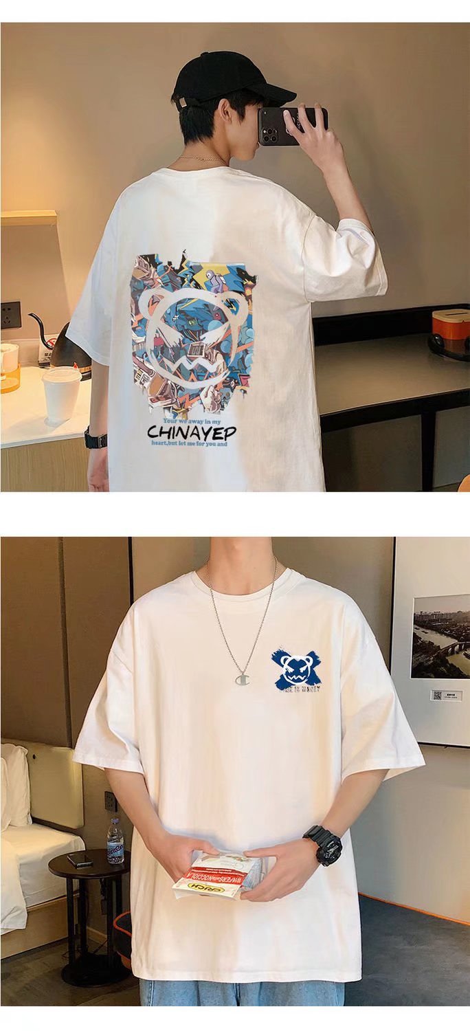 Summer Hong Kong-style devil graffiti short-sleeved T-shirt for men, ins trend loose couple half-sleeved T-shirt for casual wear, thin clothes pic 4