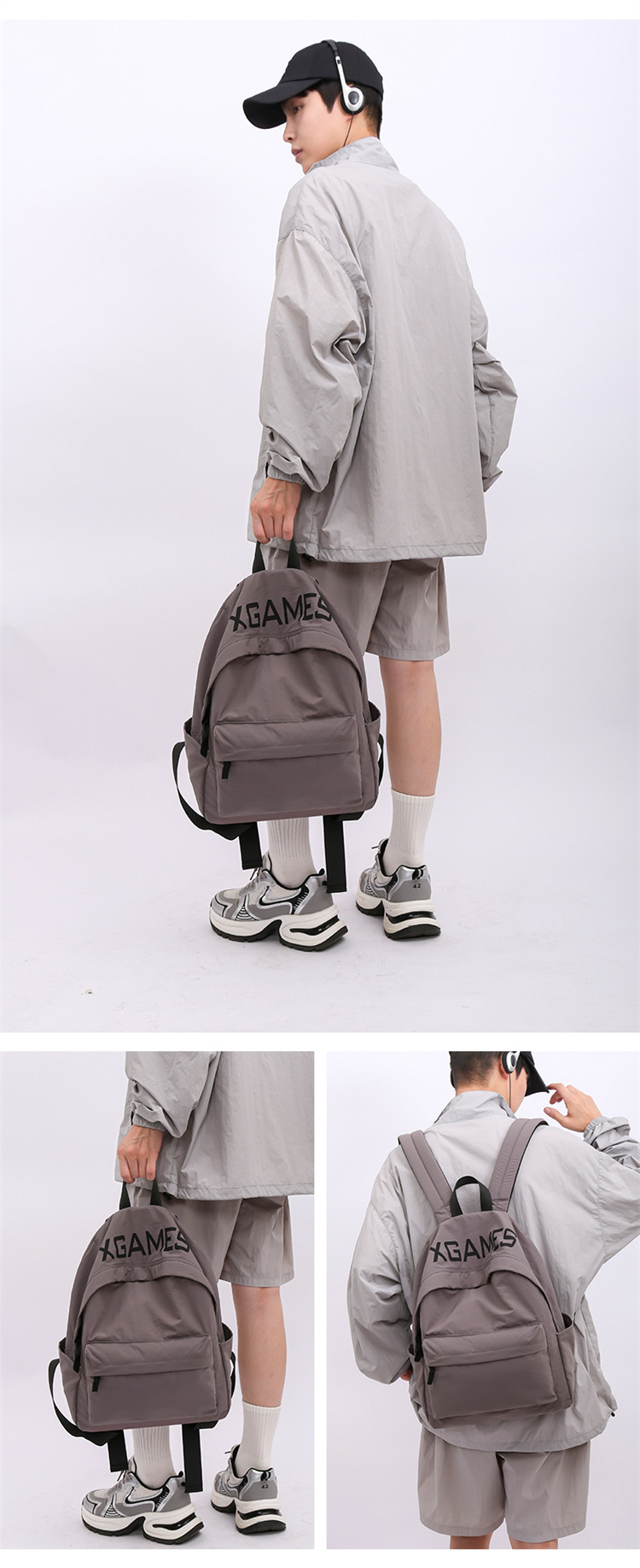 简约时尚潮流双肩包纯色字母休闲背包男女户外旅行大容量学生书包详情15