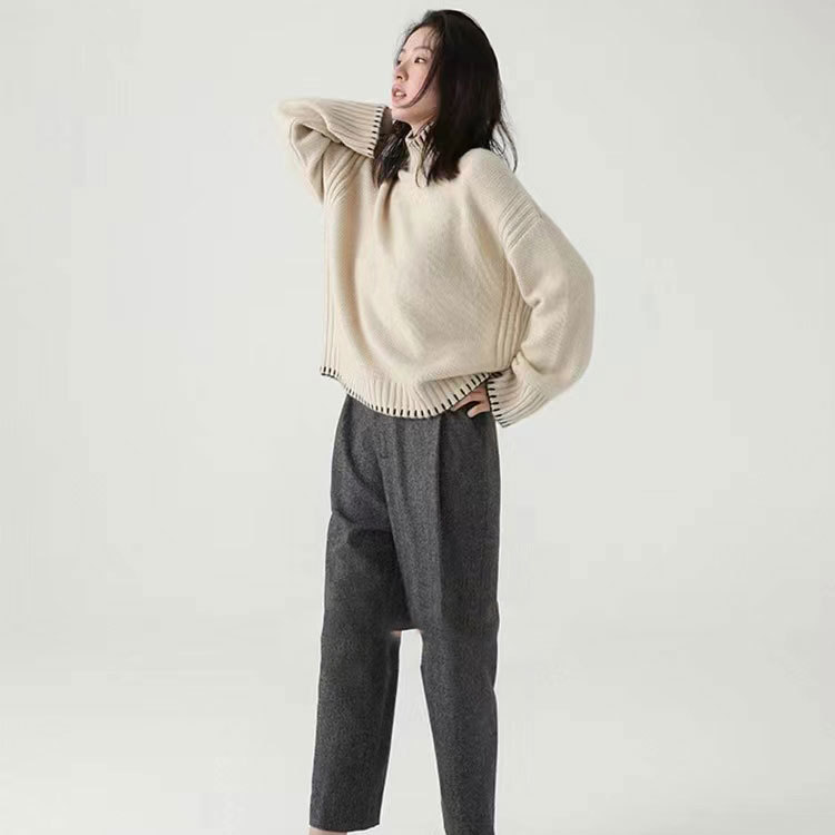 纯羊毛高领内搭纯色针织上衣女韩版秋冬宽松慵懒风加厚打底衫毛衣详情10