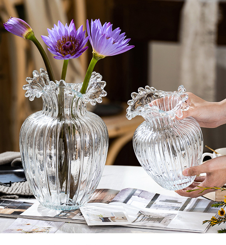 Xiaohongshu internet-famous curling edge wavy flower mouth glass vase decoration, Nordic simple and creative flower arrangement, Ins-style home decoration pic 7