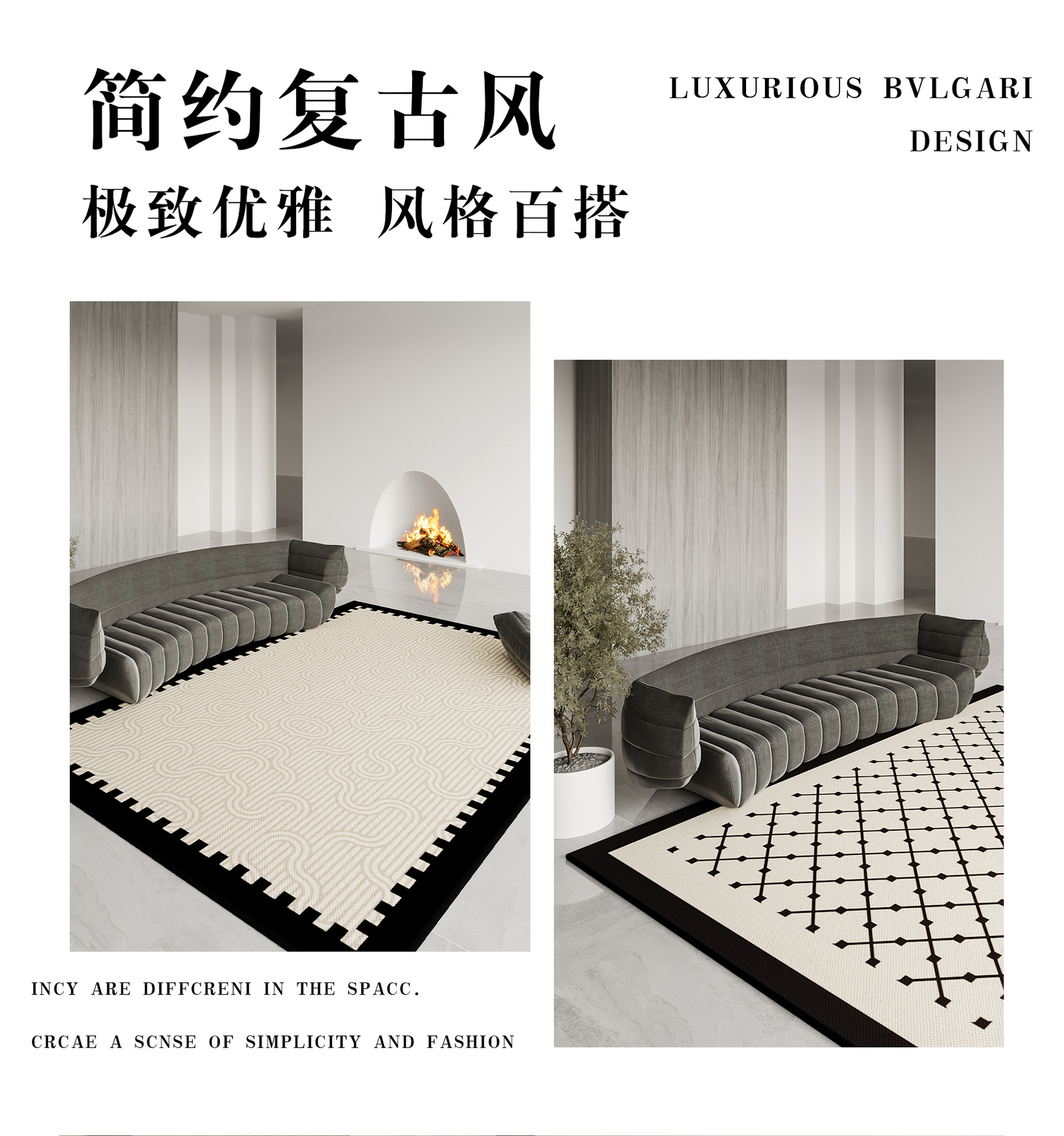 The American-style light luxury living room features a large carpet with simple stripes. The reception room is fully carpeted with Belgian velvet. The bedroom is covered with a carpet pic 4