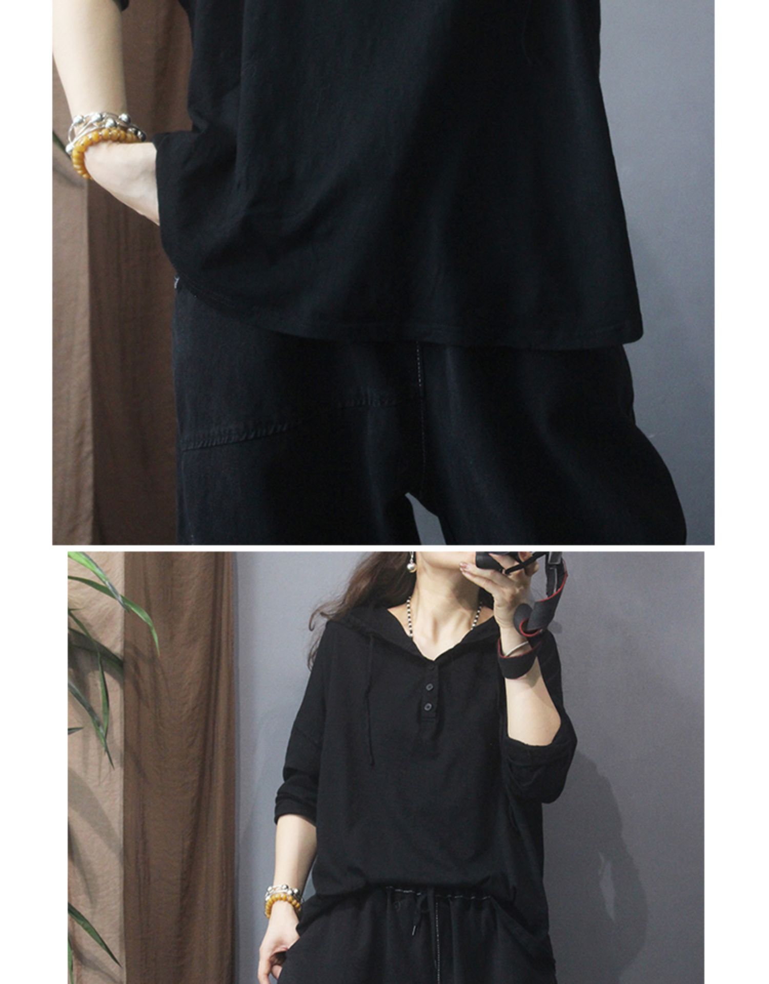 Nueva camiseta de manga larga con capucha mujer 2022 retro holgado commuter button legging pic 34