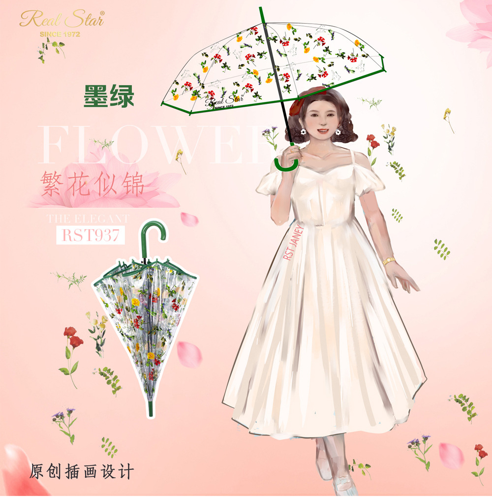 Wholesale of RST new transparent umbrella straps with patterns of auspicious flowers, adult plastic umbrellas, automatic opening, color printing umbrellas pic 14
