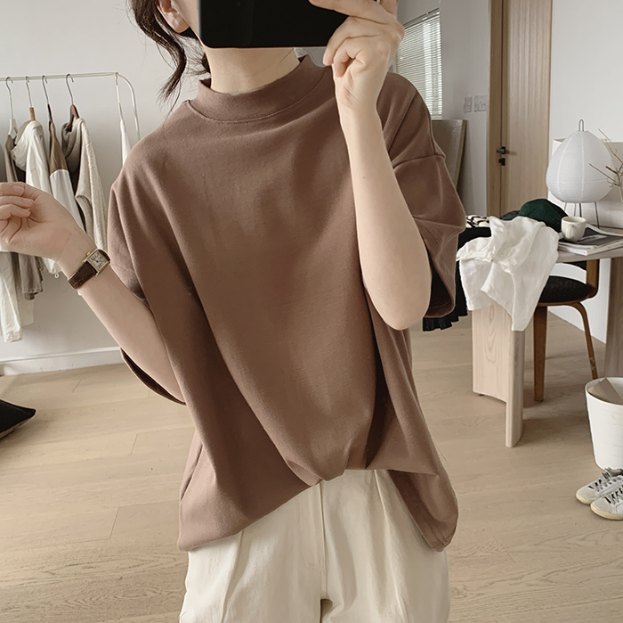 琪镌绘制半高领t恤女式春夏季新款宽松显瘦韩版简约半袖减龄棉质详情22