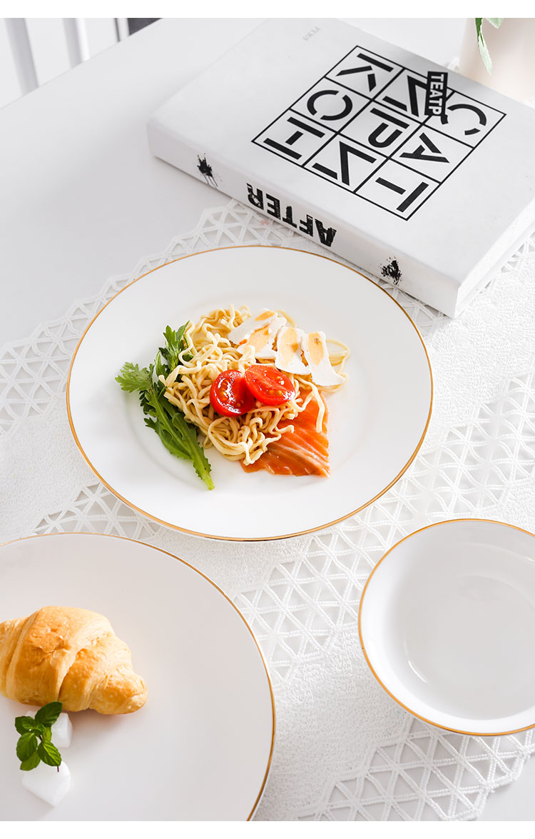 Nordic Golden Border Western dining plates, ceramic steak plates, home round and shallow plate tableware sets, creative plates, bowls and dishes, desserts pic 26