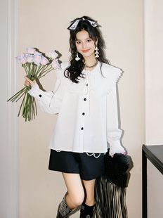 The new long-sleeved white shirt for women in the autumn of 2023, with lace trim and a doll-neck design, is a stylish shirt for women pic 7