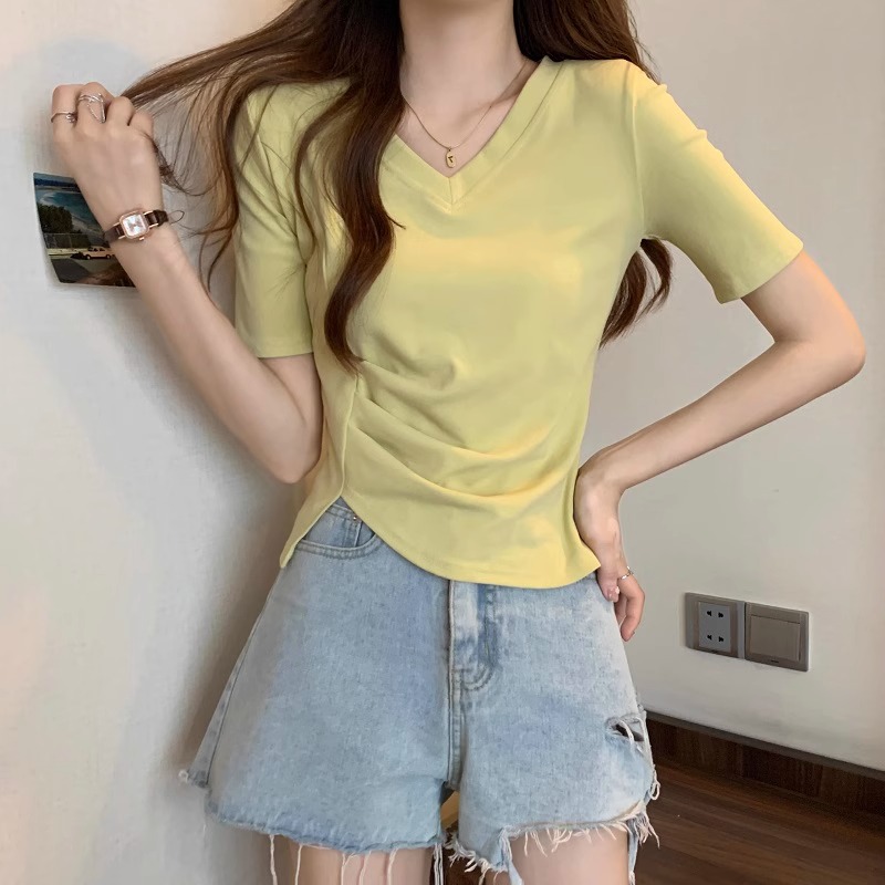 美式不规则V领棉质短袖T恤女纯色洋气小衫夏装显瘦正肩上衣详情2